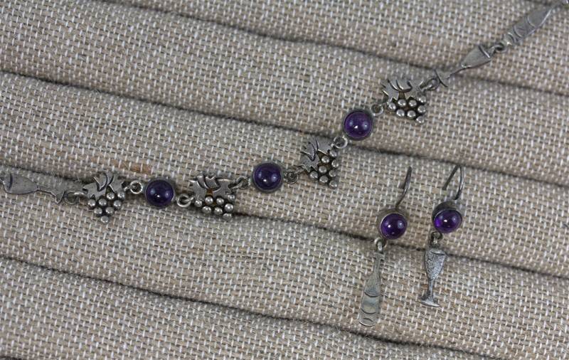 Vintage Designer Sterling Silber 925 Weinflasche Glas Halskette Ohrringe Set Amethyst 19 " von YourVintageStyle