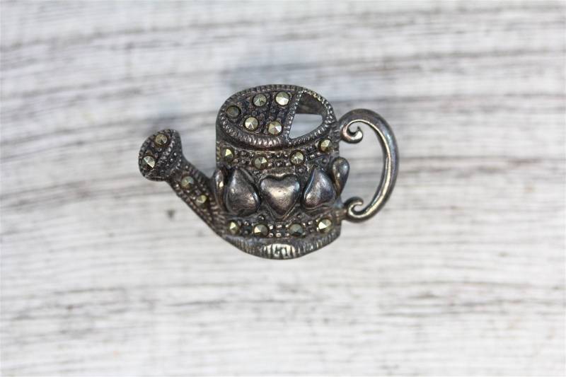 Vintage Sterling Silber 925 Markasit Brosche Anstecknadel Gießkanne Garten von YourVintageStyle