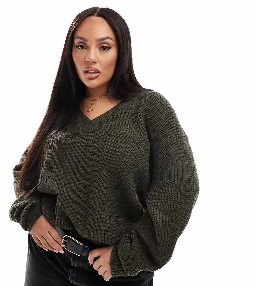 Yours - Exklusiv - Pullover in Khaki mit V-Ausschnitt-Grün Yours - Exklusiv - Pullover in Khaki mit V-Ausschnitt-Grün von Yours