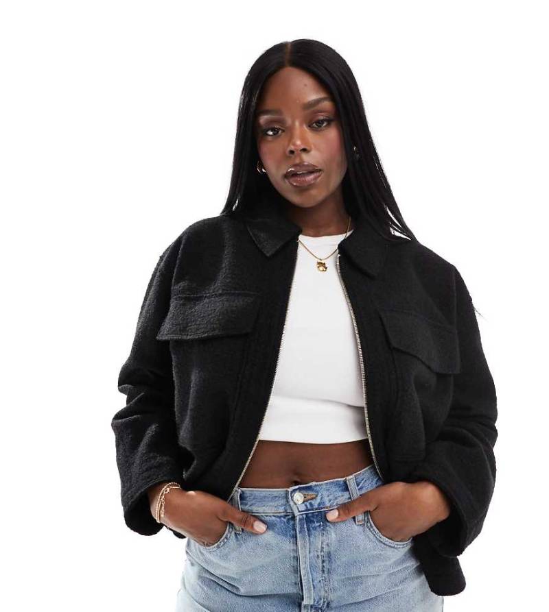 Yours - Kurz geschnittene Hemdjacke aus Wolle in Schwarz von Yours