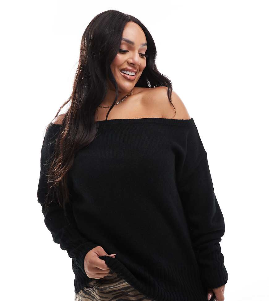 Yours - Schulterfreier Pullover in Schwarz mit Carmen-Ausschnitt von Yours