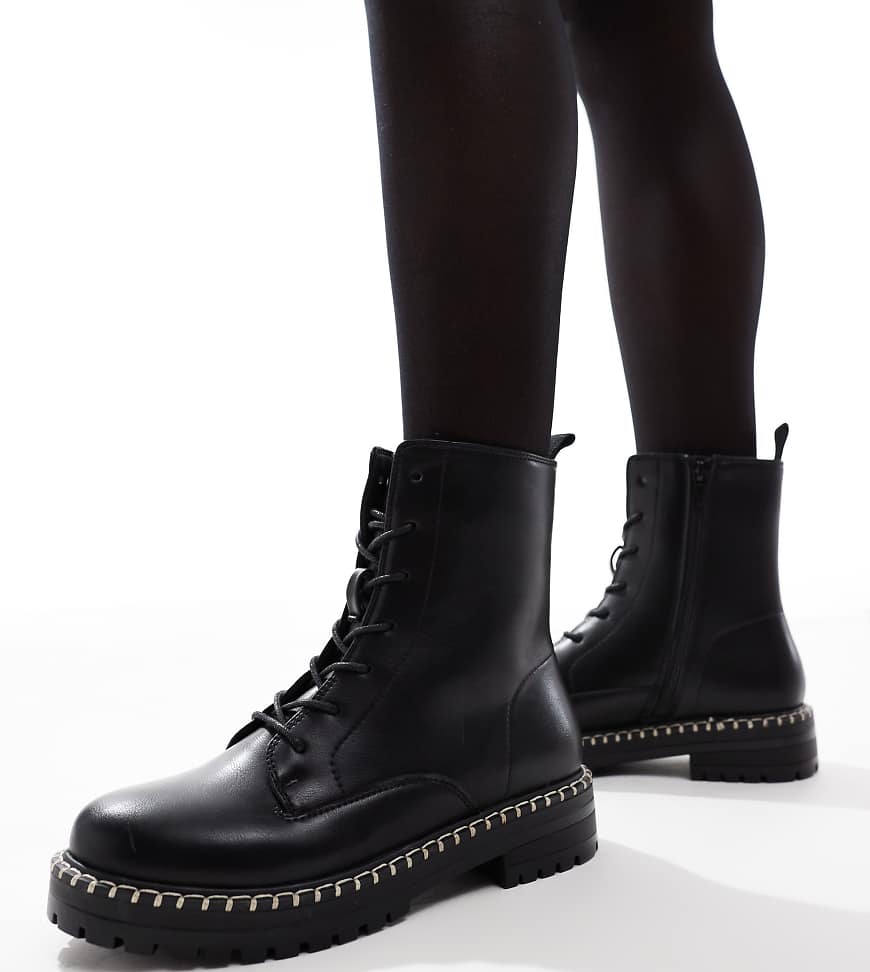 Yours - Schwarze Bikerstiefel mit Schnürung und Nahtdetail von Yours