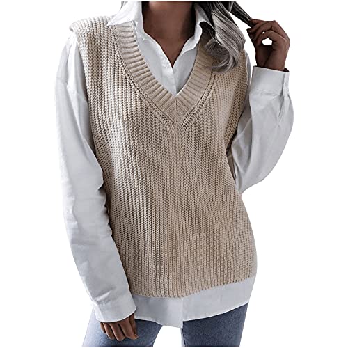 Ärmellos Strickweste Damen Pullunder Herbst Pullover Elegant Stricken Pullunder Sweater V-Ausschnitt Weste Lang Strickwaren Mode Pulli Outwear Strickpullover Teenager Mädchen Tank Top Streetwear von Yourumao