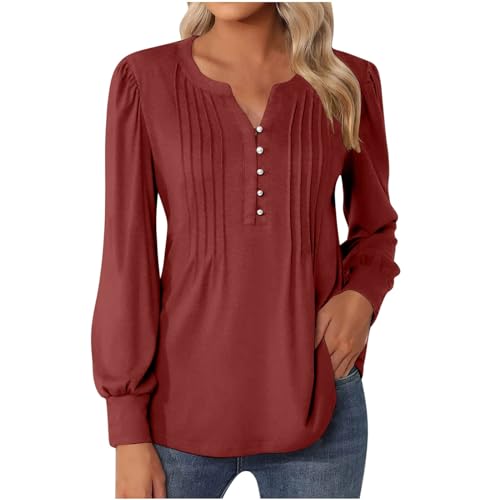 Bluse Damen Elegant Oberteile Freizeit Plissee Langarmshirt Mode V-Ausschnitt Hemdbluse Langarm Shirt Pullover mit Knöpfe Frühling Baumwolle Blusenshirt Locker Pulli Tops Streetwear Tunika Blusen von Yourumao