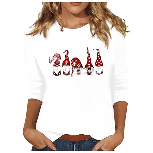 Blusen Damen Weihnachts T-Shirt 3/4 Ärmel Pullover Weihnachtskostüme Blusenshirt Tops Basic Sexy Lustige Festliche Oberteile Longshirt Elegant Longbluse Süße Zwerge Druck Tunika Langarmshirt Locker von Yourumao