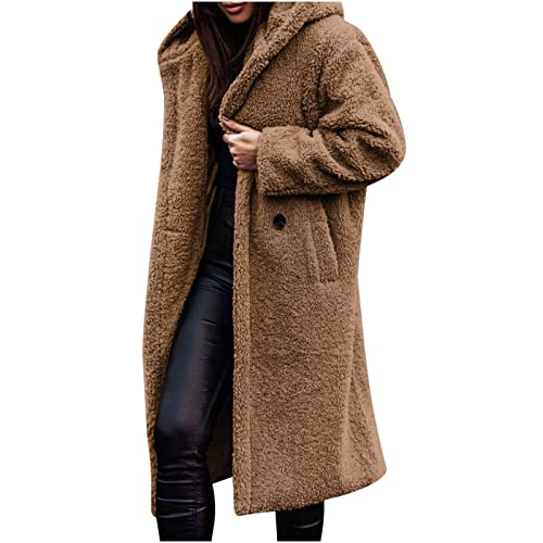 Damen Warme Herbst Mantel Fleecejacke Winterjacke, Teddy Fleece Flauschig Hoodie Jacken Plüschjacke Wintermantel Vorne Offene Fleecemantel Lang Übergangsjacke Kapuzenpullover Winterparka Mode von Yourumao