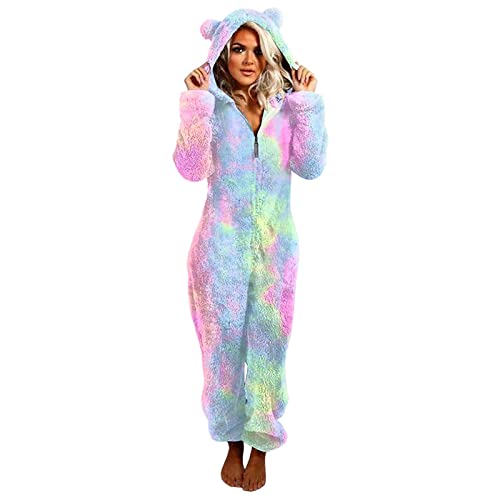 Einteiler Kuschelig Jumpsuit Damen Overall Ganzkörperanzug Schlafanzug Lang Hausanzug Teddy Fleece Reißverschluss Kostüm Halloween Hosenanzug Pyjama Flauschig Schlafoverall Fluffy Loungewear Weich von Yourumao