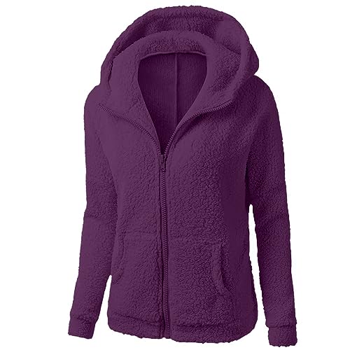 Fleecejacke Damen Herbst Teddyjacke Winterjacke Reißverschluss Kapuzenjacke Slim Plüschjacke Warme Kuscheljacke Weich Übergangsjacke Wintermantel Lang Fleecemantel Outwear Elegant Mäntel 2023 Übergang von Yourumao