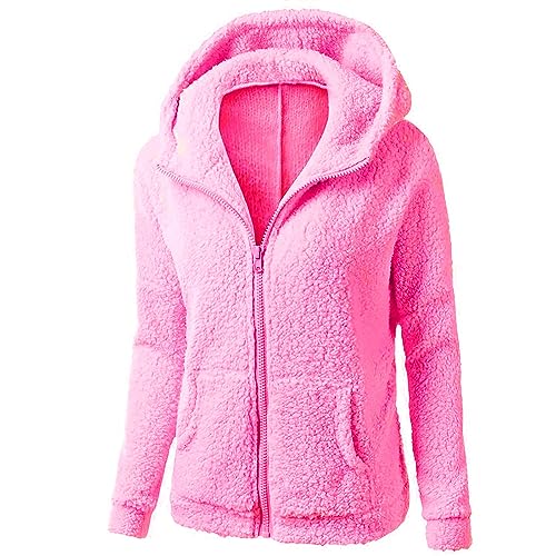 Fleecejacke Damen Herbst Teddyjacke Winterjacke Reißverschluss Kapuzenjacke Slim Plüschjacke Warme Kuscheljacke Weich Übergangsjacke Wintermantel Lang Fleecemantel Outwear Elegant Mäntel 2023 Übergang von Yourumao