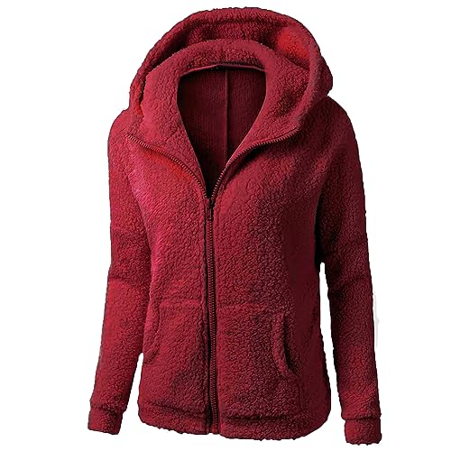 Fleecejacke Damen Herbst Teddyjacke Winterjacke Reißverschluss Kapuzenjacke Slim Plüschjacke Warme Kuscheljacke Weich Übergangsjacke Wintermantel Lang Fleecemantel Outwear Elegant Mäntel 2023 Übergang von Yourumao