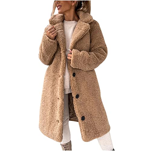 Fleecejacke Herbst Mantel Warme Damen Winterjacke Plüschjacke Herbst Jacken Flauschig Teddy Fleece Wintermantel Plüschmantel Gefüttert Outwear Cardigan Übergangsjacke Lang Große Größe Umlegekragen von Yourumao