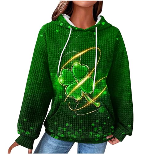 Hoodie Damen St Patrick's Day Waffel Pullover Grün Kleeblatt Kapuzenpullover Frühling Kordelzug Kapuze Sweatshirt Klassische Tasche Kapuzenpulli Outdoor Locker Oberteil Freizeit Streetwear Pulli Tops von Yourumao