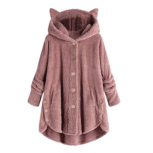 Kawaii Hoodie Damen Plüschjacke Flauschig Teddyjacke Warm Fleecejacke Gefütterte Winterjacke Katzen Kuschelig Kapuzenpullover Übergangsjacke Lang Wintermantel Cardigan Taschen Plüschmantel Outwear von Yourumao