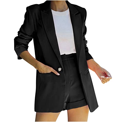 Klassisch Einfarbig Blazer Damen Elegant Slim Fit Longblazer Kurze Hose Zweiteiler Anzug Set Leicht Freizeitjacke Revers Business Büro Strickjacke Herbst Winter Übergangsjacke Basic Hosenanzug von Yourumao