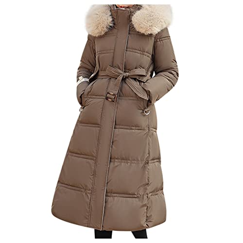 Lang Übergangsjacke Daunenjacke Leichte Steppmantel Damen Herbst Winterjacke Mantel Steppjacke Gesteppte Jacke Pelzige Kapuze Gürtel Daunenmantel Pufferjacke Elegant Parka Reißverschluss Übergang von Yourumao