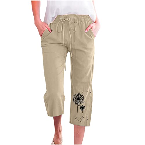 Sommerhosen Damen Leicht Cropped Hosen Baumwolle Leinenhose Festlich Elegant Elegant Stoffhose Luftig Strandhose Sommer Hosen 7/8 Capri Freizeithose Mode Löwenzahn Druck Bequeme Straight Leg Hose von Yourumao