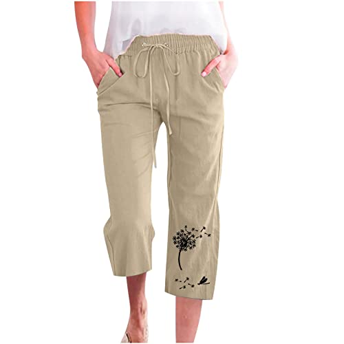 Sommerhosen Damen Leicht Cropped Hosen Baumwolle Leinenhose Festlich Elegant Elegant Stoffhose Luftig Strandhose Sommer Hosen 7/8 Capri Freizeithose Mode Löwenzahn Druck Bequeme Straight Leg Hose von Yourumao