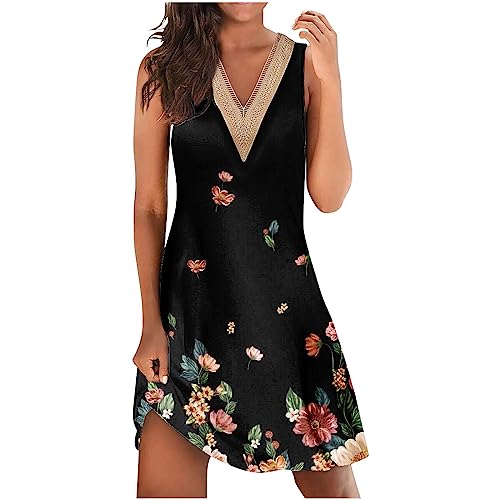 Sommerkleid Damen Boho Strandkleid Spitze V-Ausschnitt Sundress Sexy Armellose Tankkleid Fashion Drucken Lässiges Kleid Sommer Freizeitkleid Locker Hemdkleid Knielang Minikleid Leichte Partykleid von Yourumao