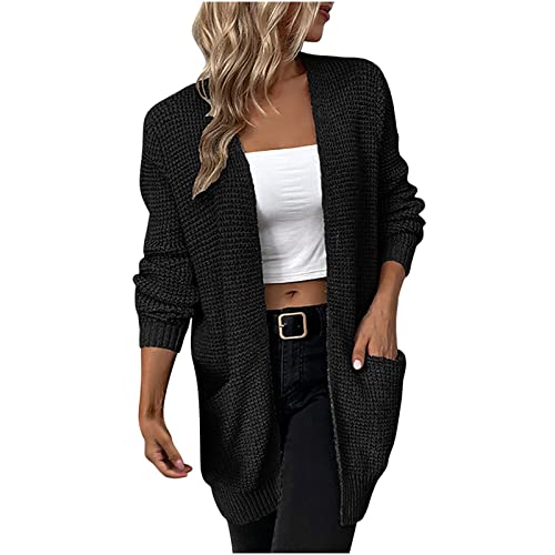 Strickjacke Damen Elegant Pulloverjacke Lang Festlich Offener Vorderseite Cardigan Locker Einfarbige Strickmantel Grobstrick Strickcardigan Bequem Freizeitjacke Herbst Winter Sweater mit Taschen von Yourumao