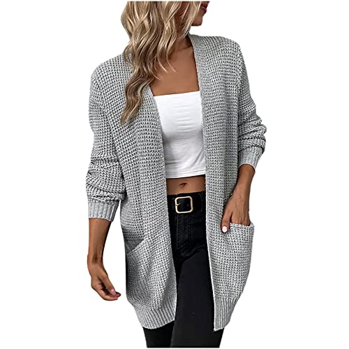 Strickjacke Damen Elegant Pulloverjacke Lang Festlich Offener Vorderseite Cardigan Locker Einfarbige Strickmantel Grobstrick Strickcardigan Bequem Freizeitjacke Herbst Winter Sweater mit Taschen von Yourumao