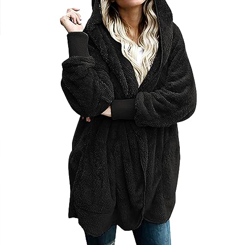 Teddyjacke Damen Plüschjacke Flauschig Fleecejacke Herbst Warm Gefütterte Winterjacke Kuschelige Kapuzenjacke Wintermantel Oversize Übergangsjacke Lang Fleecemantel Cardigan Outwear Weich Overcoats von Yourumao