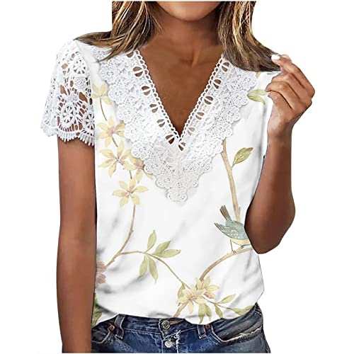 Tshirt Damen Sommer Spitzentops Elegant Bluse Sexy Pullover Basic Shirt mit Aufdruck Tees Longshirt Weiss Blusenshirt Spitzen Oberteile Boho Strandtunika Festliche Party Top Kurzarm Blusentops von Yourumao