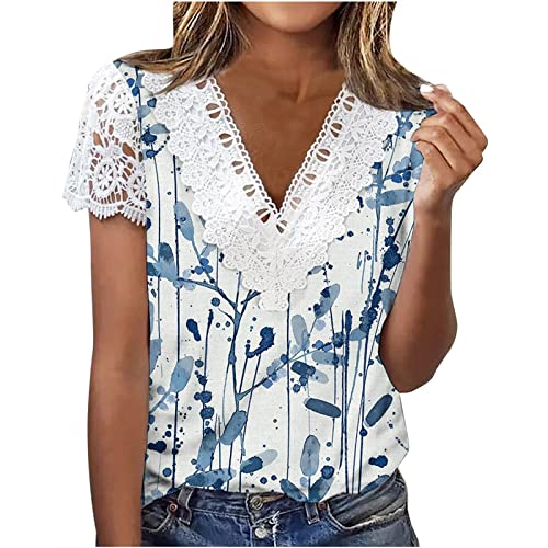 Tshirt Damen Sommer Spitzentops Elegant Bluse Sexy Pullover Basic Shirt mit Aufdruck Tees Longshirt Weiss Blusenshirt Spitzen Oberteile Boho Strandtunika Festliche Party Top Kurzarm Blusentops von Yourumao