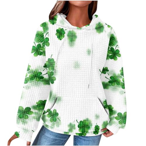 Waffel Pullover Damen St Patrick's Day Hoodie Outdoor Kapzue Sweatshirt Kleeblatt Druck Kapuzenpullover Frühling Langarm Kapuzenpulli Lässige Tasche Oberteil Tunika Locker Pulli Tops Streetwear von Yourumao