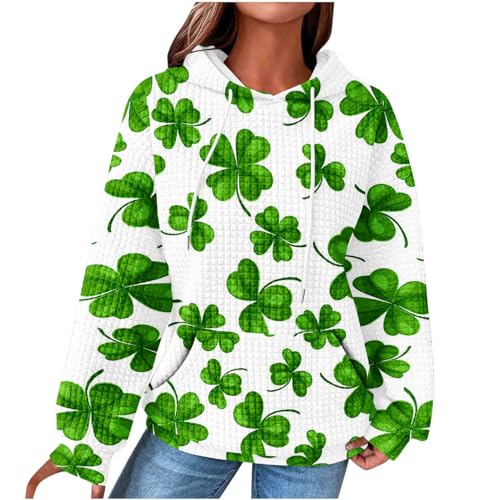 Waffel Pullover Damen St Patrick's Day Hoodie Outdoor Kapzue Sweatshirt Kleeblatt Druck Kapuzenpullover Frühling Langarm Kapuzenpulli Lässige Tasche Oberteil Tunika Locker Pulli Tops Streetwear von Yourumao