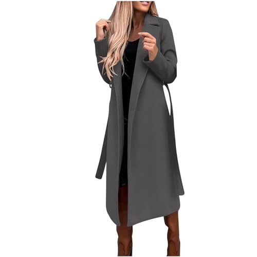 Winterjacke Damen Elegant Wollmantel Übergangsjacke Trenchcoat Lange Wintermantel Umlegekragen Overcoat Wolljacke Steppjacke Einfarbig Pea Coat Windjacke Cardigan Outwear Winddichter Mantel mit Gürtel von Yourumao