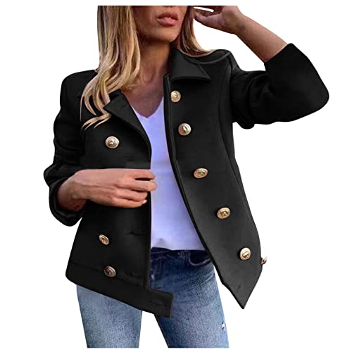 Wollmantel Winter Damen Peacoat Kurz Trenchcoat, Business Casual Elegant Übergangsjacke Mantel Wolljacke Schmale Revers Dufflecoat Streetwear Taschen Winterjacke Damenjacke Kurzarm Künstliche Wolle von Yourumao