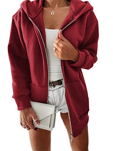 Yousify Damen-Kapuzenpullover mit durchgehendem Reißverschluss, bequem, locker, einfarbig, Sweatshirt, langärmelig, Jacke mit Taschen, Weinrot, M von Yousify