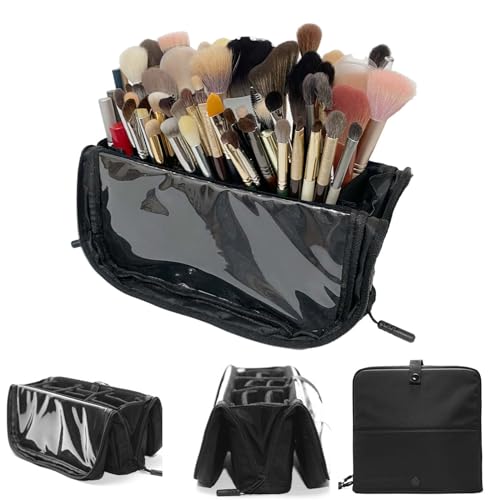 Yousimei Make-up-Pinsel-Organizer, Stand-up-Pinsel-Etui mit verstellbaren Trennwänden, Reise-Make-up-Pinselständer, tragbar, faltbar, professionelle Künstleraufbewahrungstasche (nur Tasche), Schwarz, von Yousimei