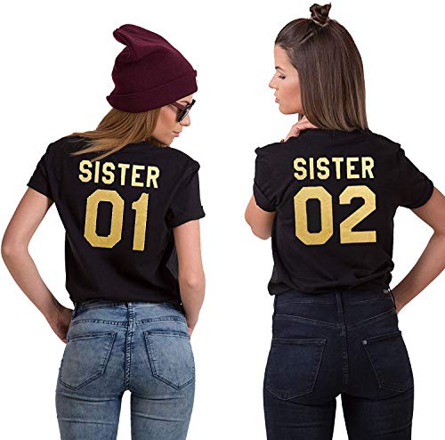 Best Friends BFF Beste Freunde T-Shirt für Zwei Mädchen Damen Tshirt (Gold-Schwarz Sister 02 XS) von Youth Designz