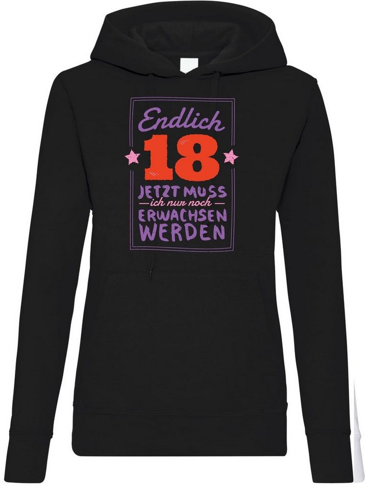 Youth Designz Kapuzenpullover Endlich 18 Damen Hoodie Pullover mit trendigem Frontprint von Youth Designz