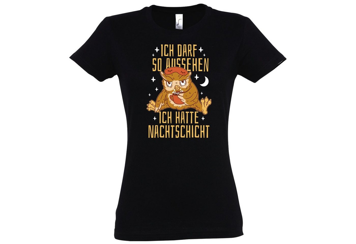 Youth Designz Print-Shirt NACHTSCHICHT Ich darf so aussehen Damen T-Shirt mit lustigem Spruch und Logo Aufdruck von Youth Designz