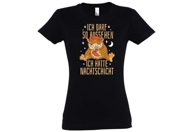 Youth Designz Print-Shirt NACHTSCHICHT Ich darf so aussehen Damen T-Shirt mit lustigem Spruch und Logo Aufdruck von Youth Designz