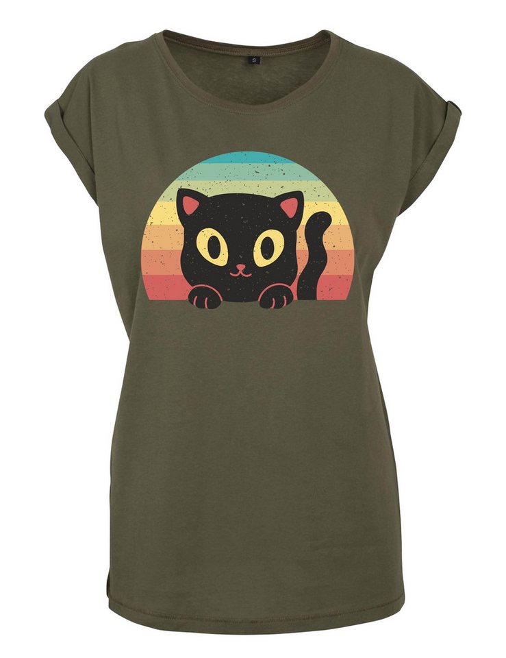 Youth Designz Print-Shirt "Retro Black Cat" Damen T-Shirt als Statement / Geschenk Frauen Motiv mit stylischen Retro Regenbogen Aufdruck von Youth Designz