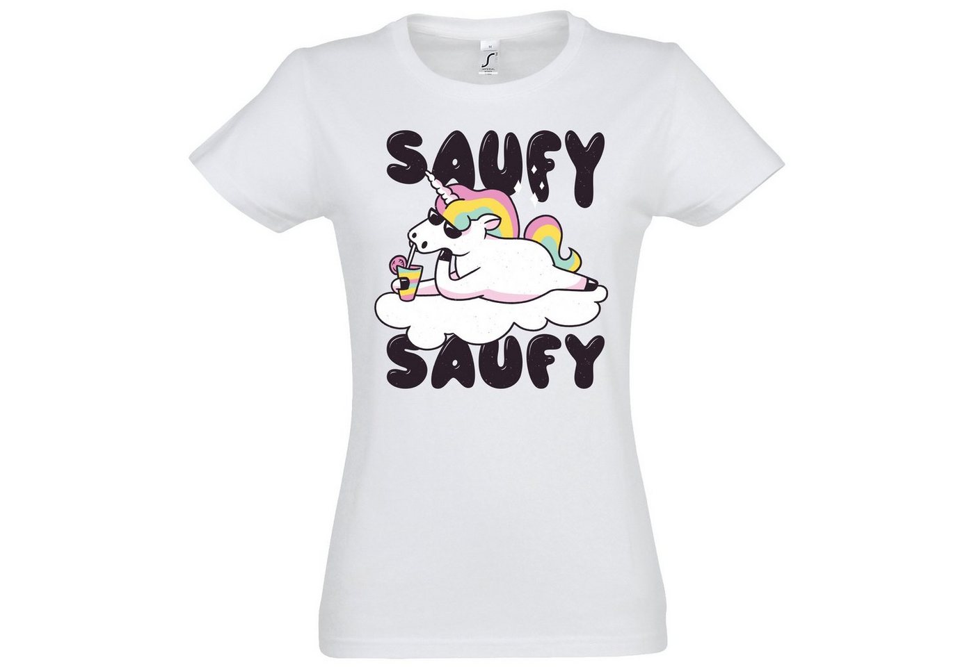 Youth Designz Print-Shirt SAUFY SAUFY Einhorn Damen T-Shirt mit Fun-Look Unicorn Aufdruck und lustigem Spruch von Youth Designz