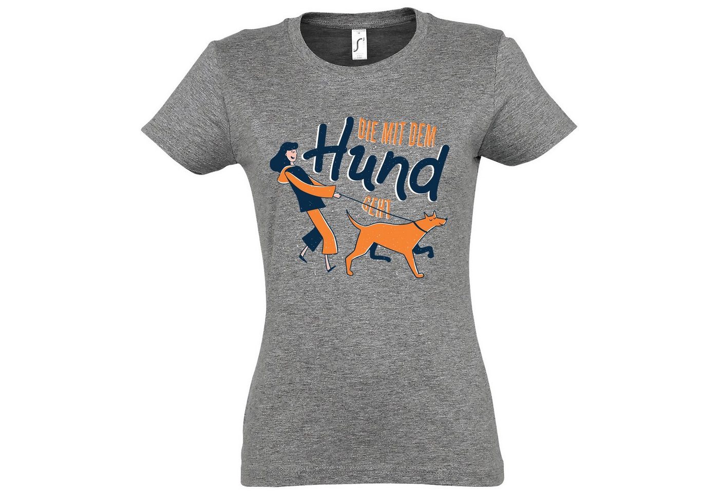 Youth Designz T-Shirt Die Mit Dem Hund Geht Damen Shirt mit lustigem Hunde Frontprint von Youth Designz