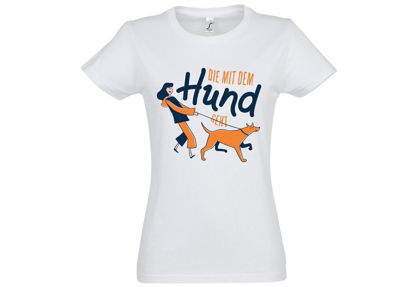 Youth Designz T-Shirt Die Mit Dem Hund Geht Damen Shirt mit lustigem Hunde Frontprint von Youth Designz