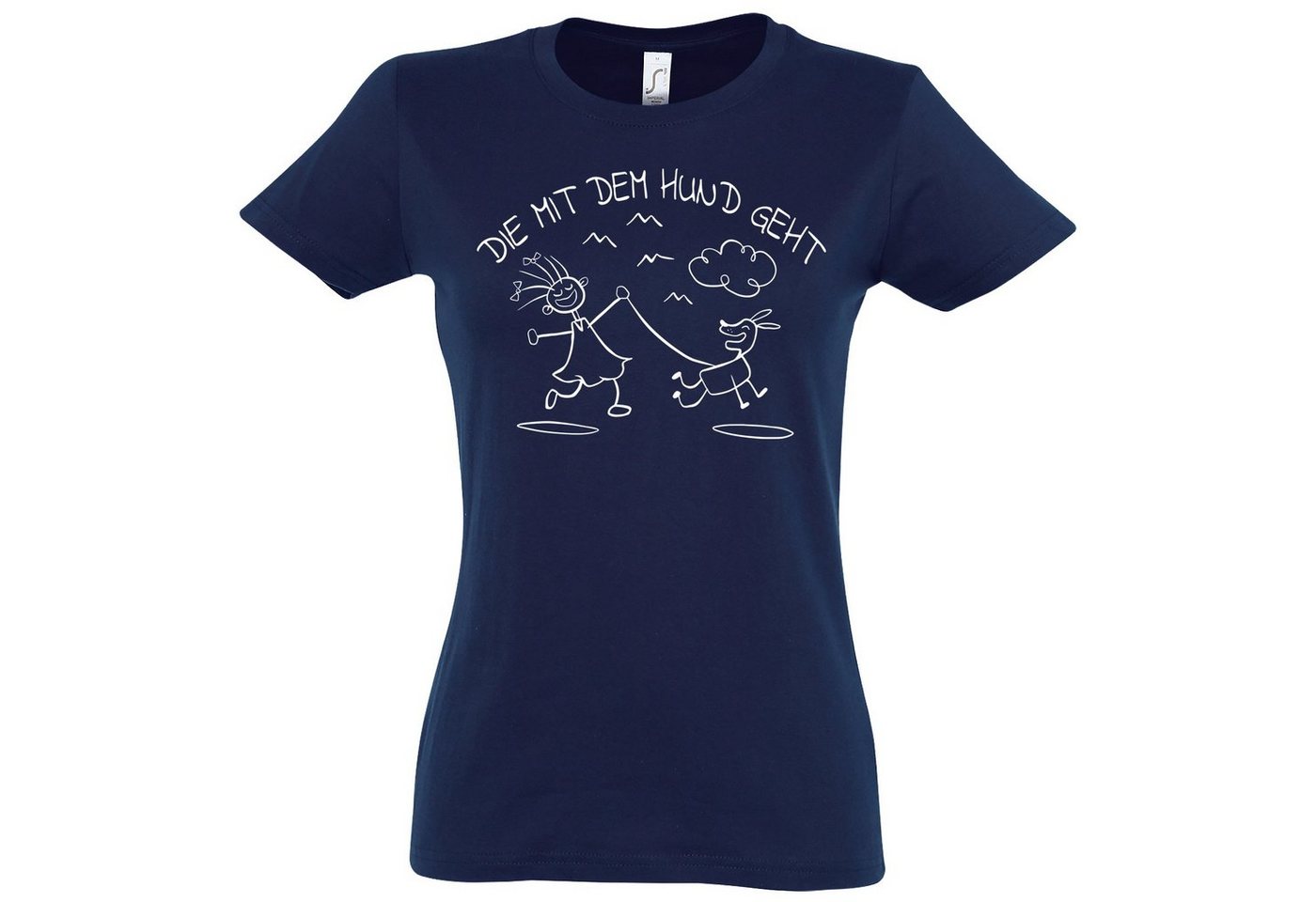 Youth Designz T-Shirt Die Mit Dem Hunde Geht Damen T-Shirt mit trendigem Frontprint von Youth Designz