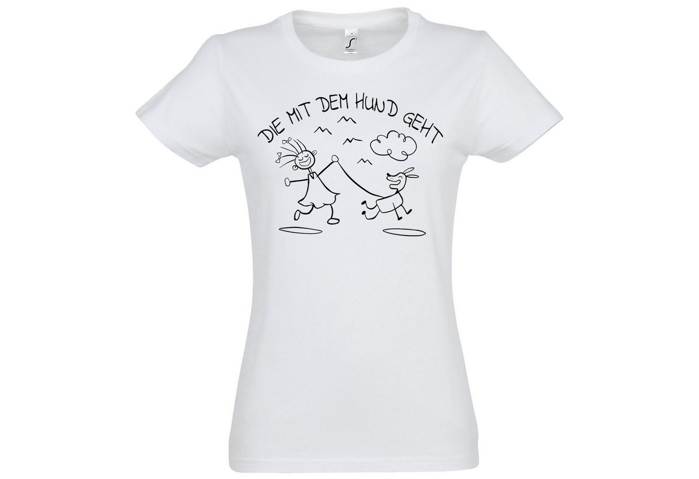 Youth Designz T-Shirt Die Mit Dem Hunde Geht Damen T-Shirt mit trendigem Frontprint von Youth Designz