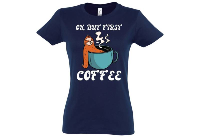 Youth Designz T-Shirt Faultier, But First Coffee Damen Shirt Mit modischem Print von Youth Designz