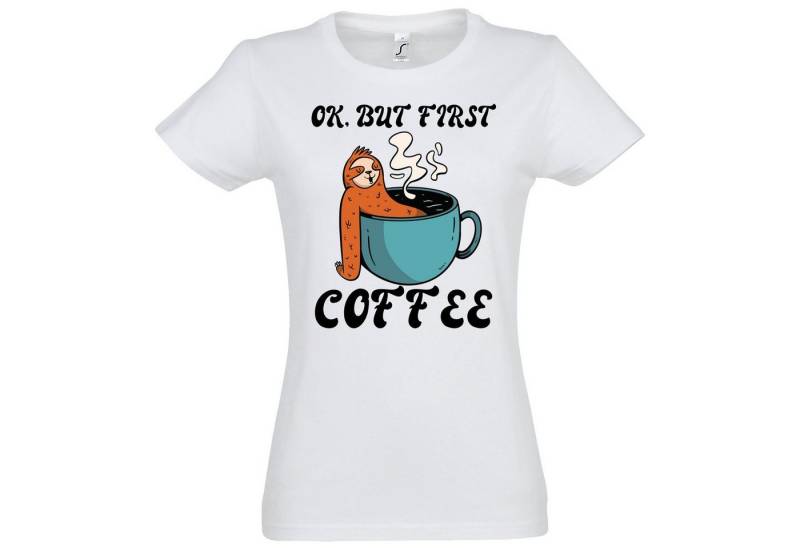 Youth Designz T-Shirt Faultier, But First Coffee Damen Shirt Mit modischem Print von Youth Designz