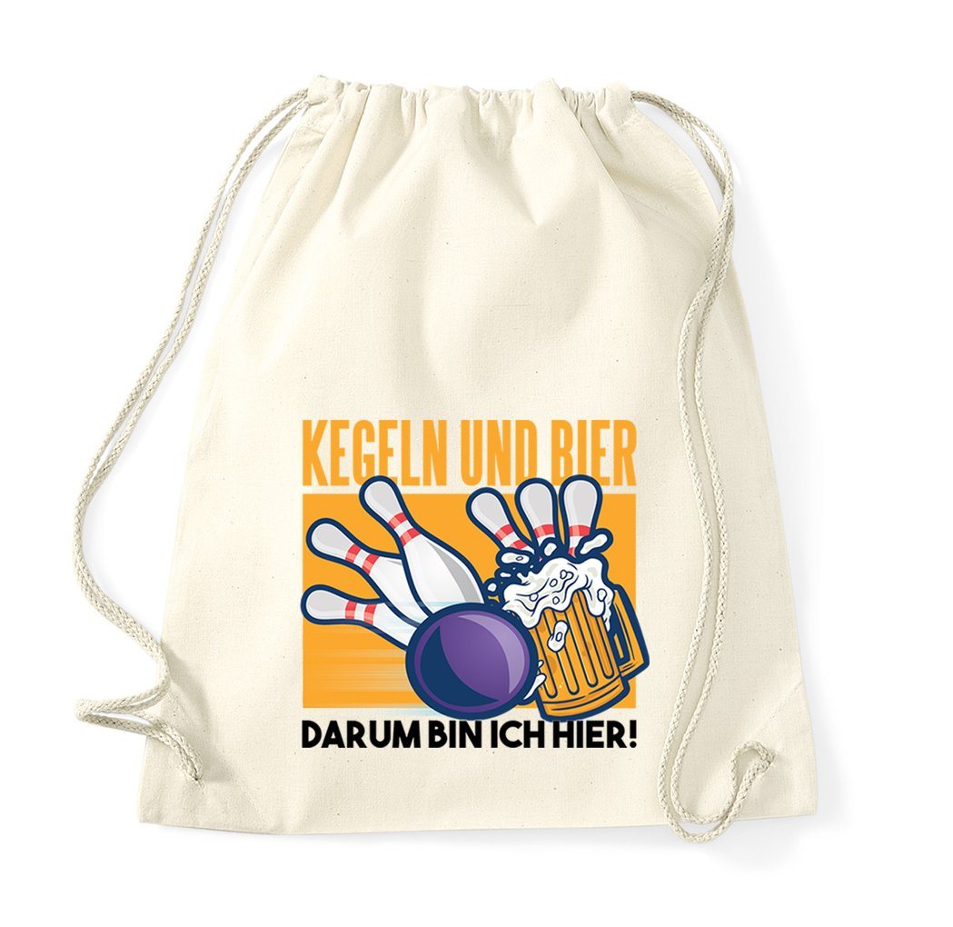 Youth Designz Turnbeutel "Kegeln Und Bier, Darum Bin Ich Hier" Baumwoll Tasche, mit trendigem Motiv von Youth Designz