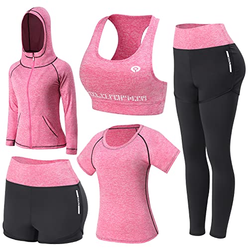 JULY'S SONG Yoga Kleidung Anzug 5er-Set Trainingsanzug Laufbekleidung Gym Fitness Kleidung (Pink, L) von JULY'S SONG