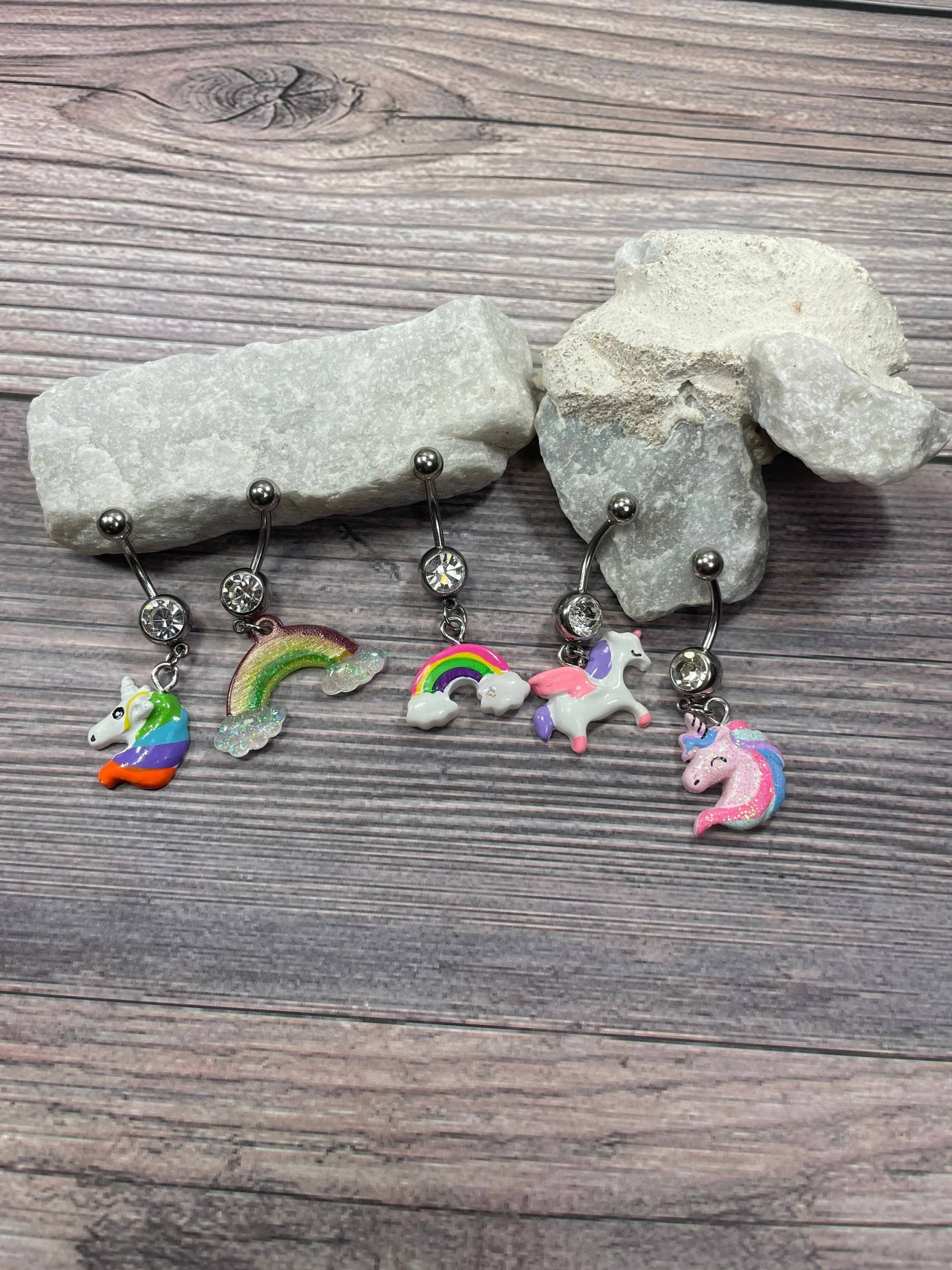 5 Stück Bauchnabel Ringe Baumeln Set Regenbogen Einhorn Glitter 14G Edelstahl Bar Cz Gem Frauen Piercing Schmuck Nabel von YouthfulJewelers