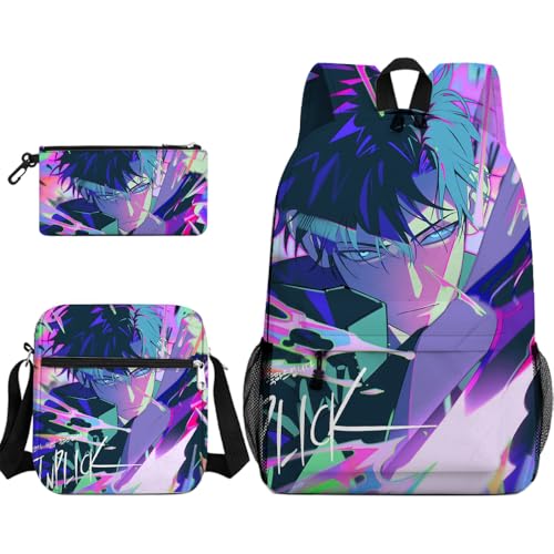 Youxy Sung Jin Woo Rucksack 3-teiliges Set Anime Cha Hae in Schultasche mit Federmäppchen Crossbody Tasche Cartoon 3D Gedruckt Schulbedarf für Mädchen Jungen, Typ 1 von Youxy