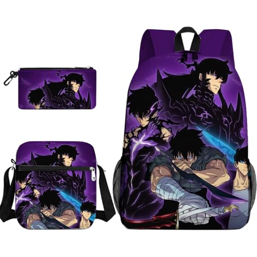 Youxy Sung Jin Woo Rucksack 3-teiliges Set Anime Cha Hae in Schultasche mit Federmäppchen Crossbody Tasche Cartoon 3D Gedruckt Schulbedarf für Mädchen Jungen, Typ 11 von Youxy